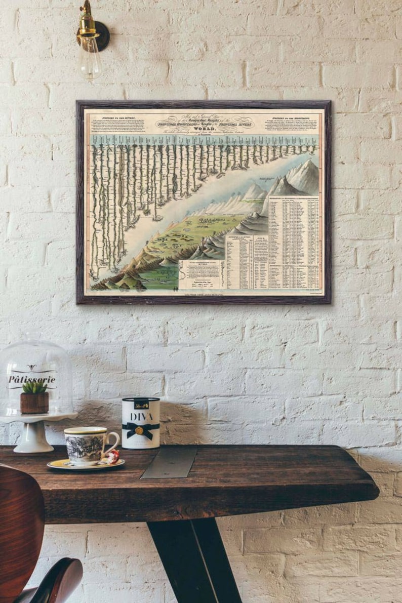 May include: A vintage map of the world with a detailed illustration of mountains and rivers. The map is framed in a dark wood frame and hangs on a white brick wall.