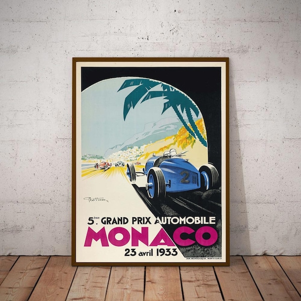 Vintage race car poster 1933 Monaco Grand Prix Poster, Race Fan Gift, Fine Art Print, Formula 1 racing poster print, Wall Decor Gift for him