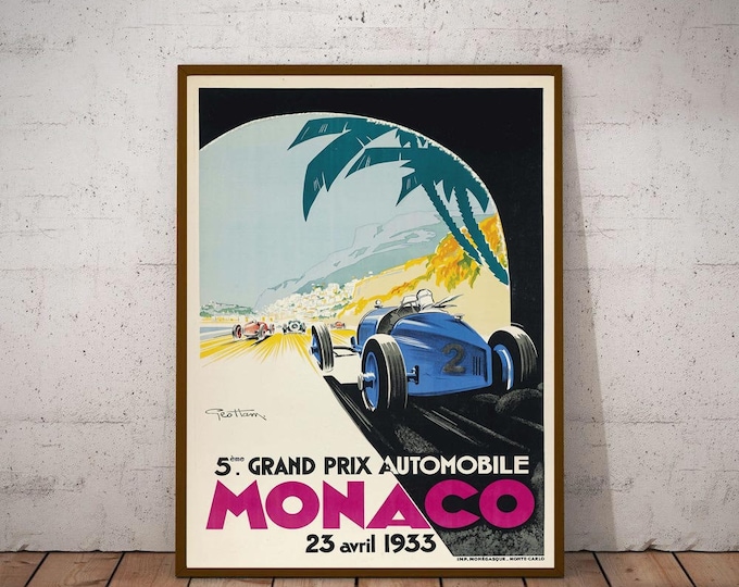 Vintage race car poster 1933 Monaco Grand Prix Poster, Race Fan Gift, Fine Art Print, Formula 1 racing poster print, Wall Decor Gift for him