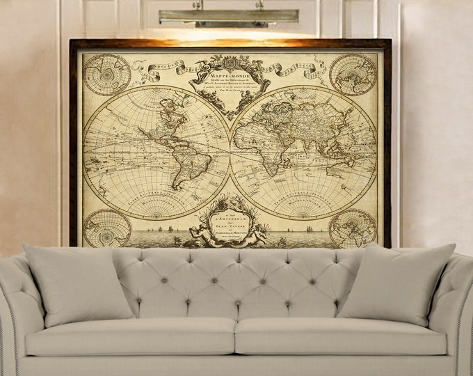 1720 Old World Map Restoration decor Style World Map Guillaume de L'Isle mappe monde Wall Map