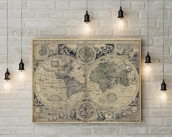 Old world map, World map wall art, antique world map,Large map of the world, Historic 1626 Restoration Style housewarming gift map decor