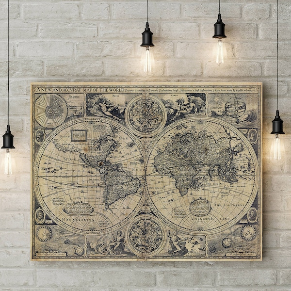Old world map, World map wall art, antique world map,Large map of the world, Historic 1626 Restoration Style housewarming gift map decor