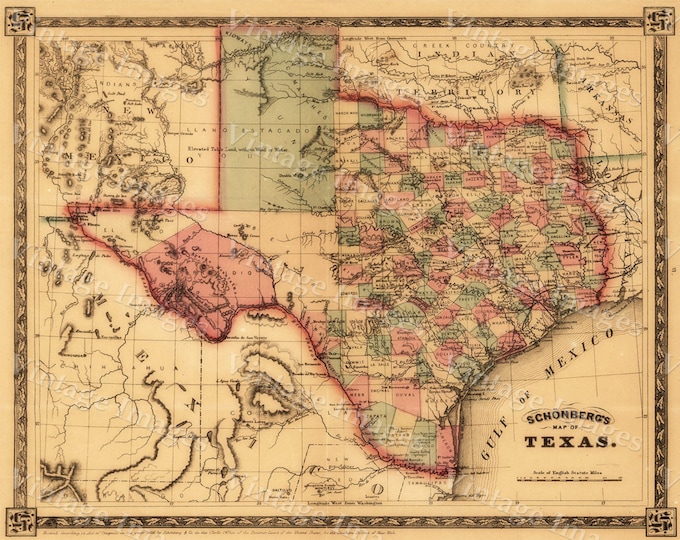 1866 Texas Map OLD WEST map Antique Texas Map western decor Old Style wall Map of Early Texas Fine art Print Texas Poster home Office decor