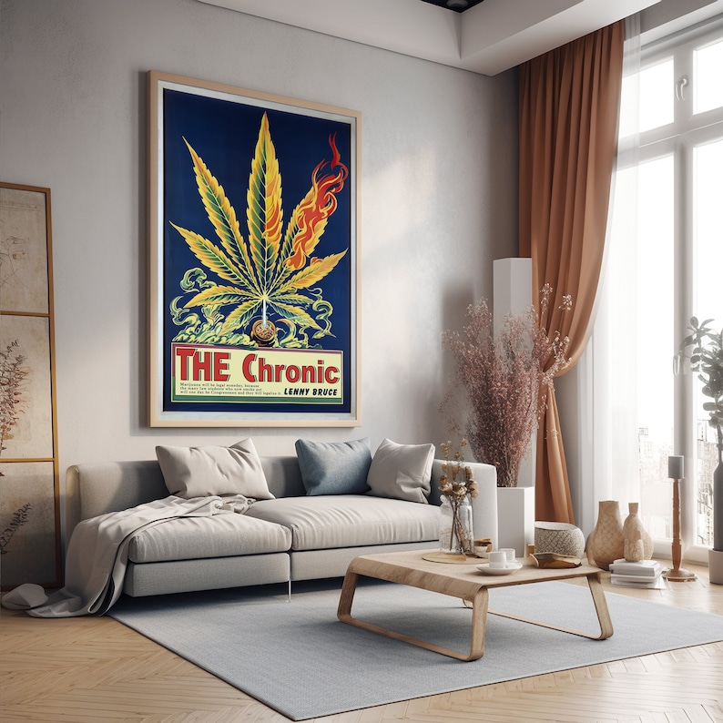 May include: A vintage-style poster with a blue background featuring a green marijuana leaf with flames coming from the top. The text "THE Chronic" is in white with a red outline and "Lenny Bruce" is in smaller white text below.