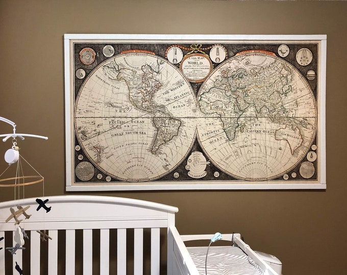 World map Print 1799 Historical map of the World Nursery Decor wall map Restoration decorator Style Old World Map Boho housewarming gift