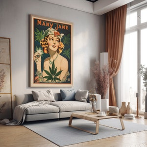 Pu&ograve; includere: Un poster in stile vintage con una donna con un cappello rosso e una foglia di marijuana verde. Il poster recita "Mary Jane" in un carattere audace e stilizzato.