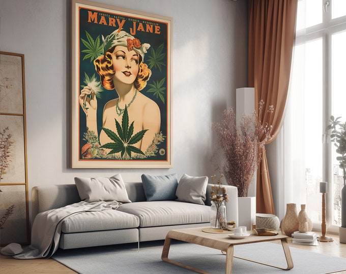 Vintage Marijuana Poster, Retro Bohemian Wall Art, Mary Jane print, weed poster Fine Art Print Cannabis Dispensary stoner Gift idea