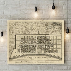 1761 New Orleans Karte Reprint, Bourbon Street, Louisiana Home Rustikal Dekor Karte Kunst große Größen bis 43" x 53"