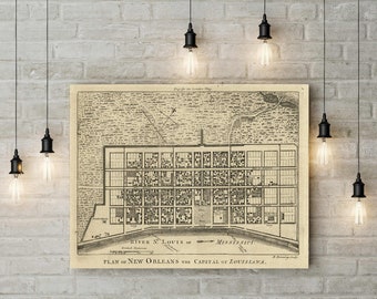 1761 New Orleans map reprint, Bourbon Street, Louisiana home rustic decor Map Art large sizes up to 43" x 53"