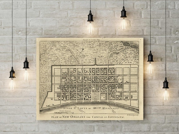 1761 New Orleans map reprint, Bourbon Street, Louisiana home rustic decor Map Art large sizes up to 43" x 53"