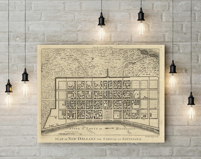 1761 New Orleans map reprint, Bourbon Street, Louisiana home rustic decor Map Art large sizes up to 43" x 53"