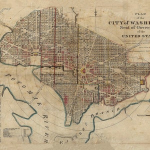 vintage 1829 Carte historique de Washington D.C. Décoration antique Style Carte murale six tailles jusqu’à 43 « x 56 » Carte du Capitole Home Decor