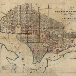 Vintage 1829 Historical map of Washington D.C. Antique Restoration decor Style wall Map six sizes up to 43" x 56" Capitol map Home Decor