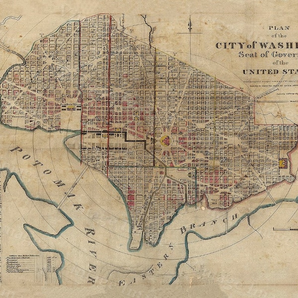 Vintage 1829 Historical map of Washington D.C. Antique Restoration decor Style wall Map six sizes up to 43" x 56" Capitol map Home Decor