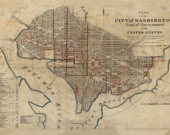 Vintage 1829 Historical map of Washington D.C. Antique Restoration decor Style wall Map six sizes up to 43" x 56" Capitol map Home Decor