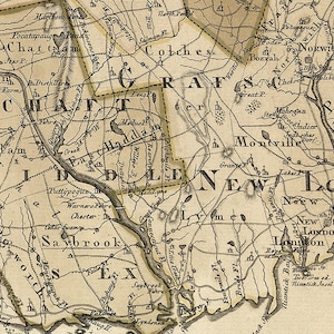 May include: A vintage map of Connecticut, showing the towns of  New London, Groton, Montville, and surrounding areas. The map is printed in black and white on a cream-colored background.