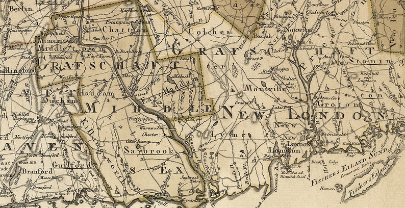 May include: A vintage map of Connecticut, showing the towns of  New London, Groton, Montville, and surrounding areas. The map is printed in black and white on a cream-colored background.
