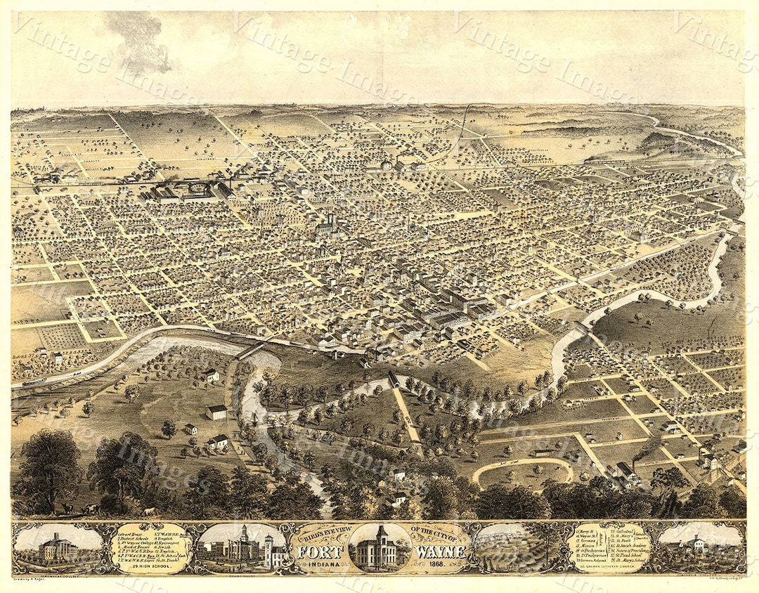 Ft Wayne Map Fort Wayne Indiana 1868 Map Antique Restoration Decor