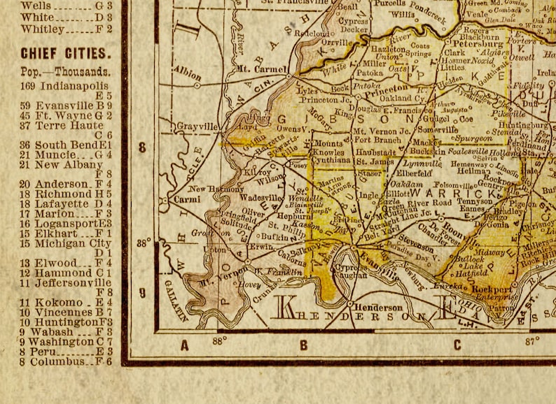 Old Indiana Map Art Print 1901 Map of Indiana, Indiana Wall Map, Map ...