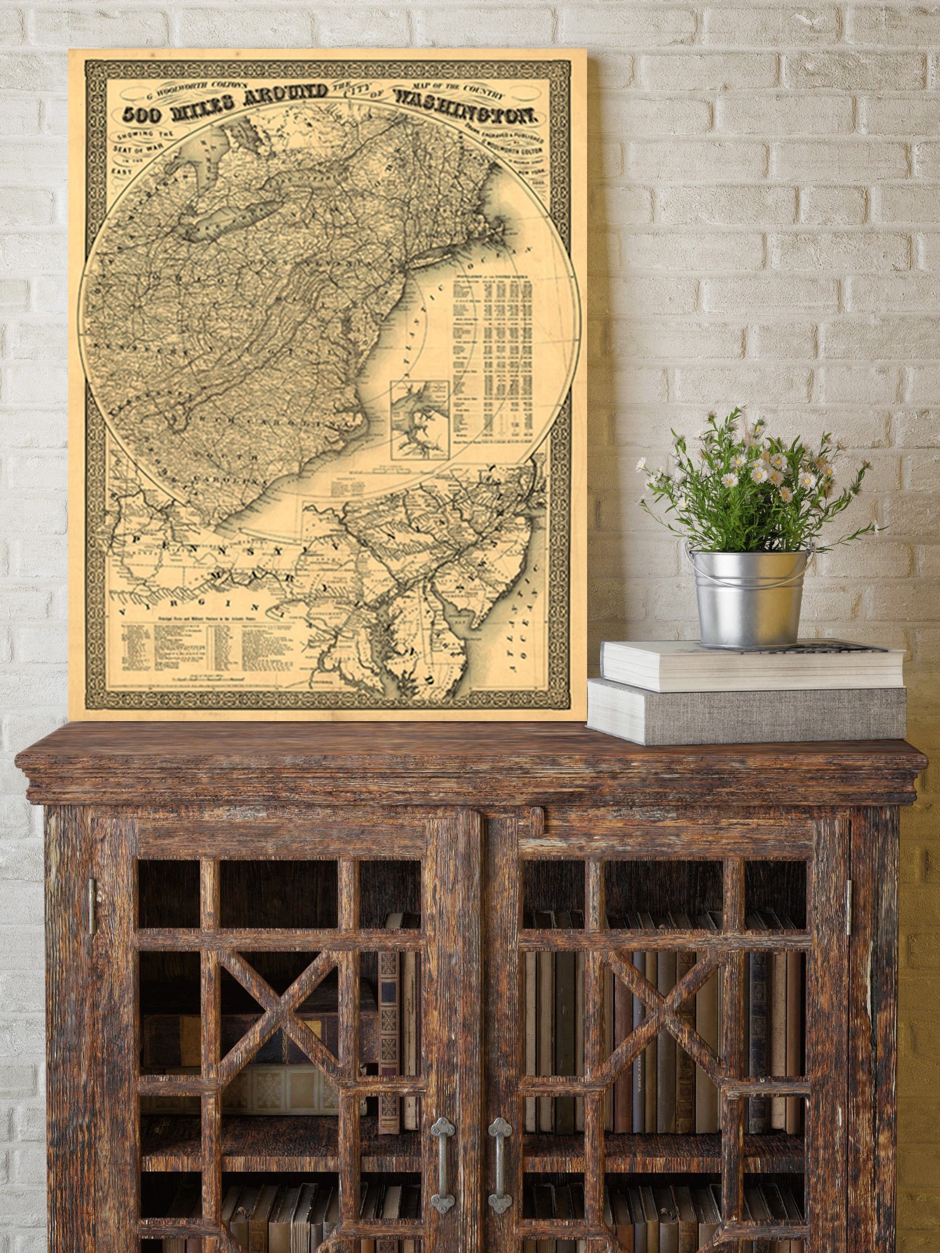 Washington DC Map 500 Miles Around - Civil War Map Print - 1861 Map print area around Washington, Virginia, Maryland, Chesapeake Bay decor