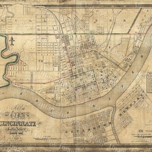 Mapa antiguo de Cincinnati, histórico mapa de calles de Cincinnati, Ohio, de 1838, estilo restauración, impresión artística de Cincinnati, mapa de pared, decoración del hogar, regalo