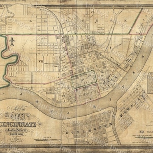 Giant Old Map of Cincinnati Historic 1838 Cincy Cincinnati Ohio City Street Wall Map Joseph Gest Restoration  Style Fine Art Print