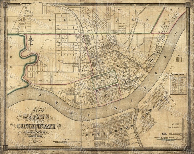 Giant Old Map of Cincinnati Historic 1838 Cincy Cincinnati Ohio City Street Wall Map Joseph Gest Restoration  Style Fine Art Print