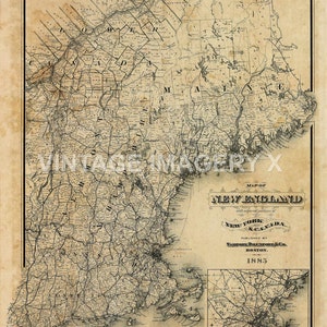 New England kaart - Vintage 1885 - antieke stijl Fine Art Print voor historische Home Decor - New Englanders Housewarming cadeau idee
