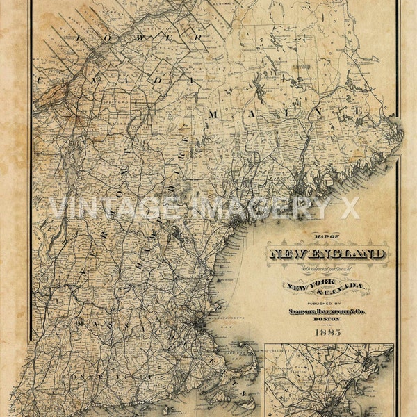 Carte de la Nouvelle-Angleterre - vintage 1885 - Impression d'art de style antique pour la décoration historique - Idée de cadeau de pendaison de crémaillère de la Nouvelle-Angleterre
