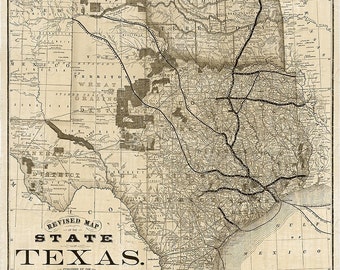 Vecchia mappa del Texas 1876 Mappa del muro storico vintage Restauro antico arredamento Stile Mappa Stato del Texas Mappa Texas Mappa Texas Wall Art Fine Gift