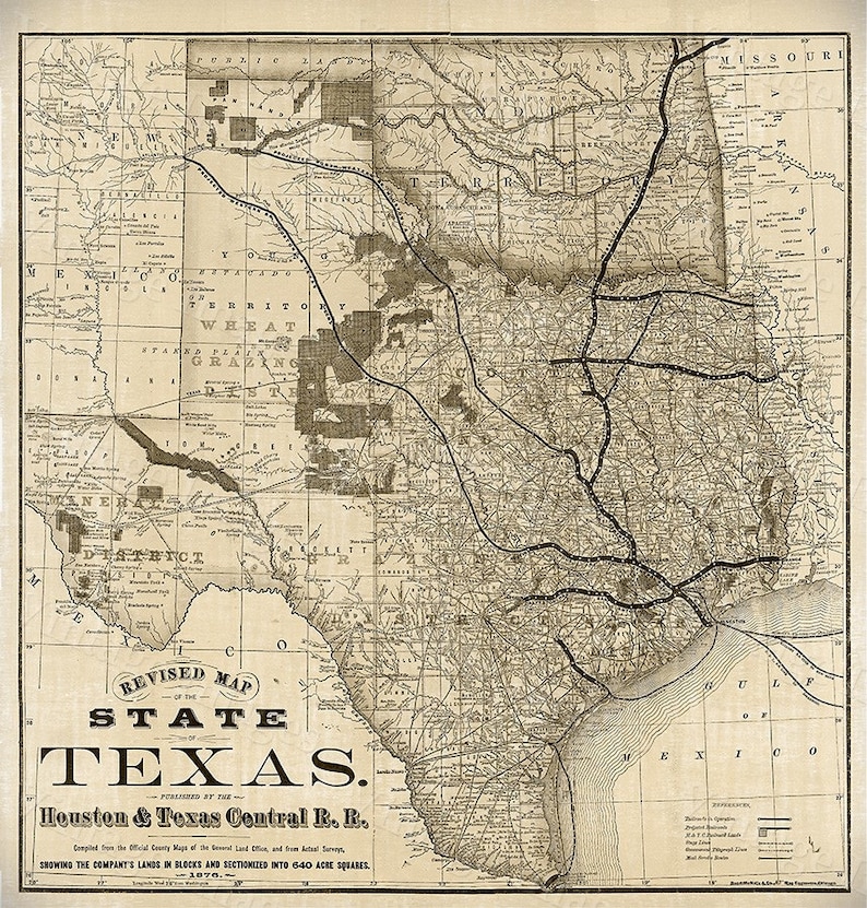 Pode incluir: Um mapa vintage do estado do Texas, publicado em 1870, mostrando as terras de propriedade da Houston & Texas Central Railroad. O mapa est&aacute; dividido em blocos e se&ccedil;&otilde;es, cada um representando 640 acres. O mapa tamb&eacute;m inclui uma legenda que explica os diferentes tipos de terra.