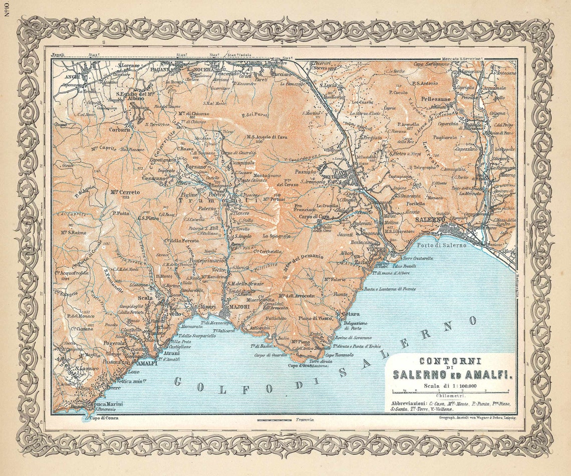 Amalfi Coast Map Vintage Map Print of Amalfi Coastline Italy - Etsy