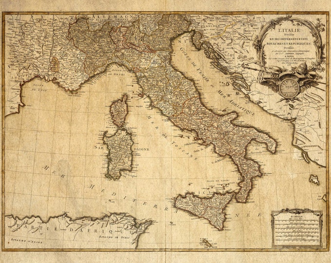 Italy map - Vintage Italian map - Antique map print - Vintage map of Italy - Fine reproduction - Map Decor - Giant Wall Map - French Map