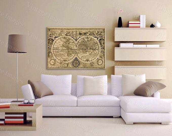 Giant Historic 1628 Old Antique Restoration decorator Style World Map Fine Art Print Old World Map Wall Decor Large size up to 43" x 56