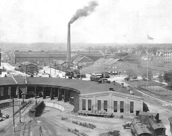 Lafayette Indiana Railroad Train Photo Large Vintage Black & White 1923 photo Monon Shops Rail Yard Roundhouse Trains Fathers Day Photograph