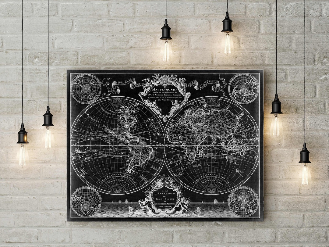 1720 Old World Map,black Map Wall Art, Historic Map Antique Style Map