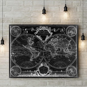 Oude wereldkaart 1720, zwarte kaart kunst aan de muur, historische kaart antieke stijl kaartkunst Guillaume de L'Isle mappe monde muurkaart Vintage kaart Home Decor