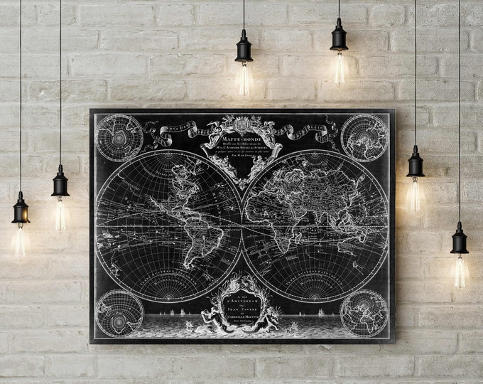 1720 Old World Map,Black Map wall art, Historic Map Antique Style map art Guillaume de L'Isle mappe monde Wall Map Vintage Map Home Decor