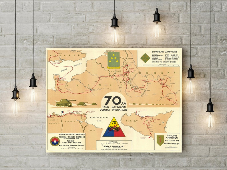 May include: A vintage map showing the combat operations of the 70th Tank Battalion during World War II. The map shows the battalion's movements in North Africa, Europe, and Sicily. The map is titled "70th Tank Battalion Combat Operations" and includes the battalion's insignia.