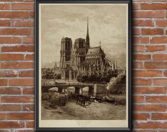 ノートルダム大聖堂の象徴的なイメージの建築旧世界のエッチング