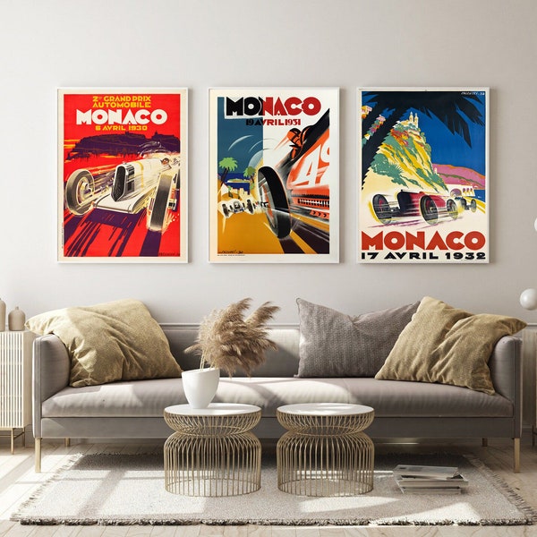 3x Monaco Grand Prix Poster set Race Fan Gift set Fine Art Print set Formula 1 racing poster print race car gallery Wall Decor race fan gift