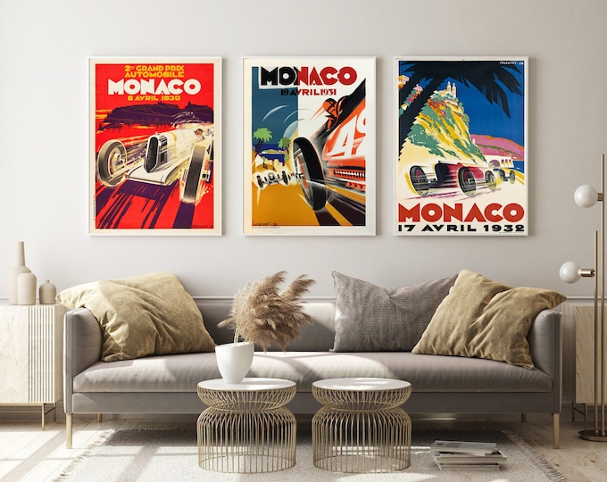 3x Monaco Grand Prix Poster set Race Fan Gift set Fine Art Print set Formula 1 racing poster print race car gallery Wall Decor race fan gift