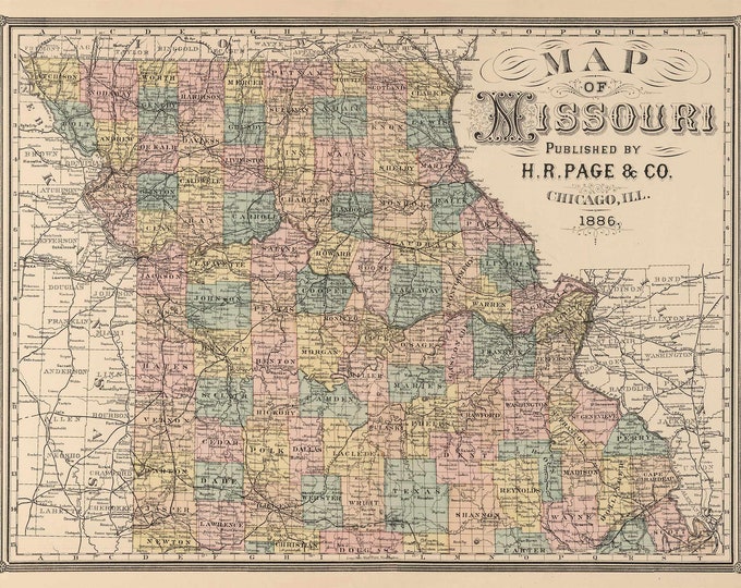 Giant Map of Missouri Rustic Style Travel Map   Map decor 1886 Missouri Wall Map Vintage Map Missouri Home Decor Gift