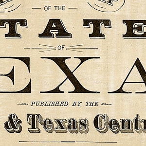 Pode incluir: Um mapa antigo do estado do Texas, publicado pela Houston & Texas Central Railroad.