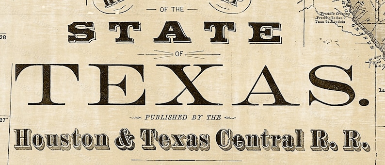 Pode incluir: Um mapa antigo do estado do Texas, publicado pela Houston & Texas Central Railroad.