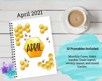 April, Digital Planner, Honey Bee Printable art, 2021 printable planner, Printable Calendar, Planner Inserts, Bujo, Bujo Printable, Bujo Kit