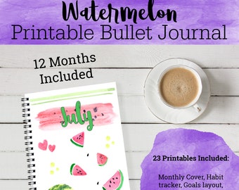 Watermelon Digital Planner, Printable art, Year round printable planner, Printable Calendar, Planner Inserts, Bujo, Bujo Printable, Bujo Kit