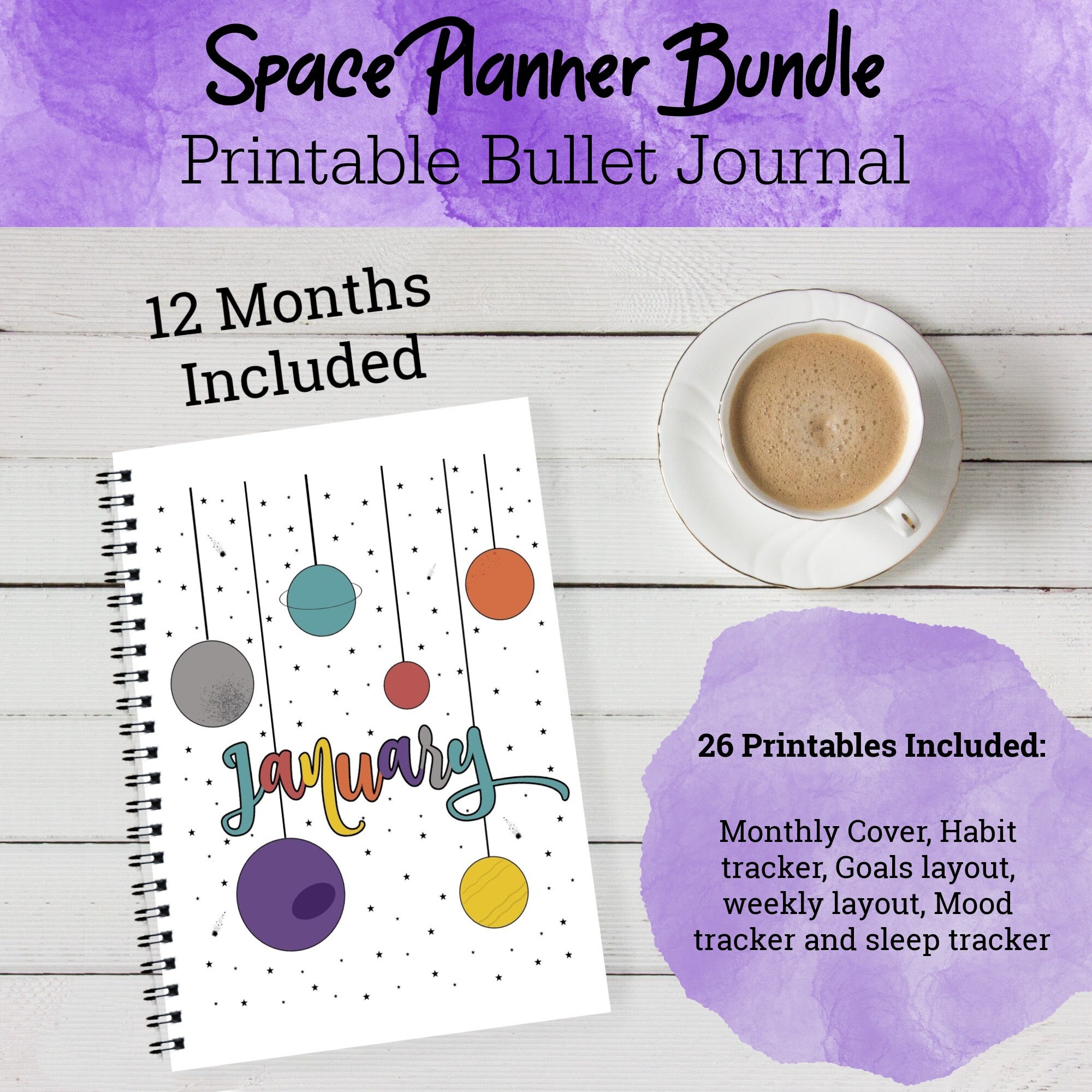 Digital Planner, Space Printable art, Year round printable planner, Printable Calendar, Planner Inserts, Bujo, Bujo Printable, Bujo Kit