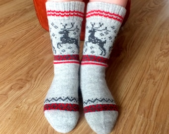 Gray wool socks with deers Knit warm wool socks Women and Men wool socks Christmas socks Christmas gift-wrap