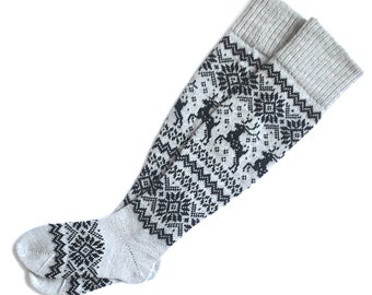 Knit Wool Socks with Deer, Gray Over-the-Knee Socks (US 8-9)